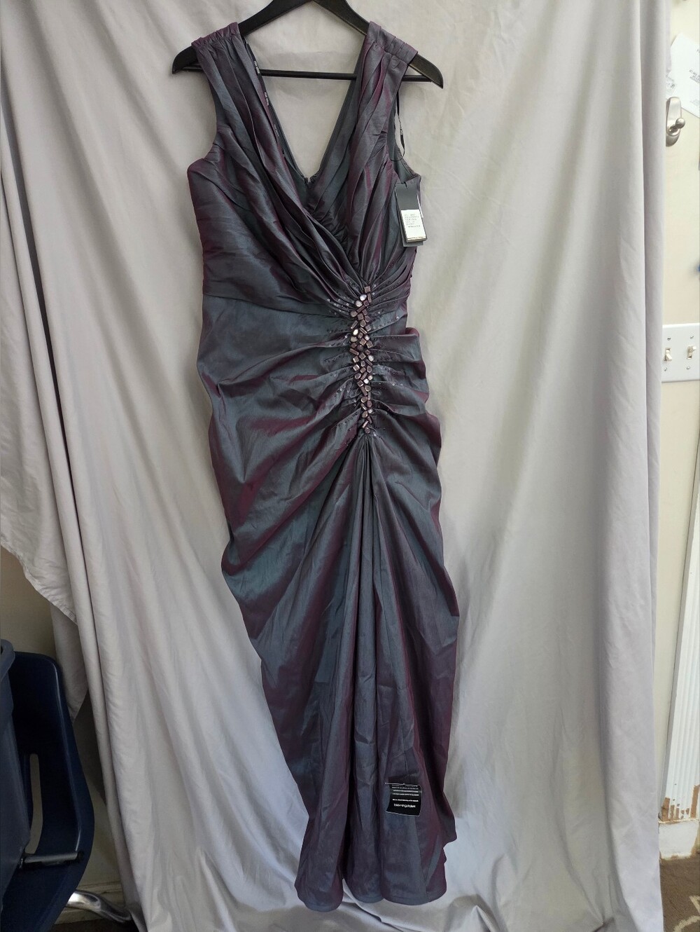 Tadashi Shoji Iridescent Plum V-Neck Maxi Dress with Jewel Ruched Detail